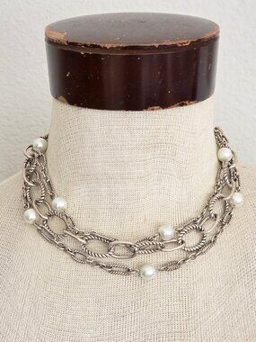 Silver Tone Chain & Faux Pearl Multi Strand Necklace